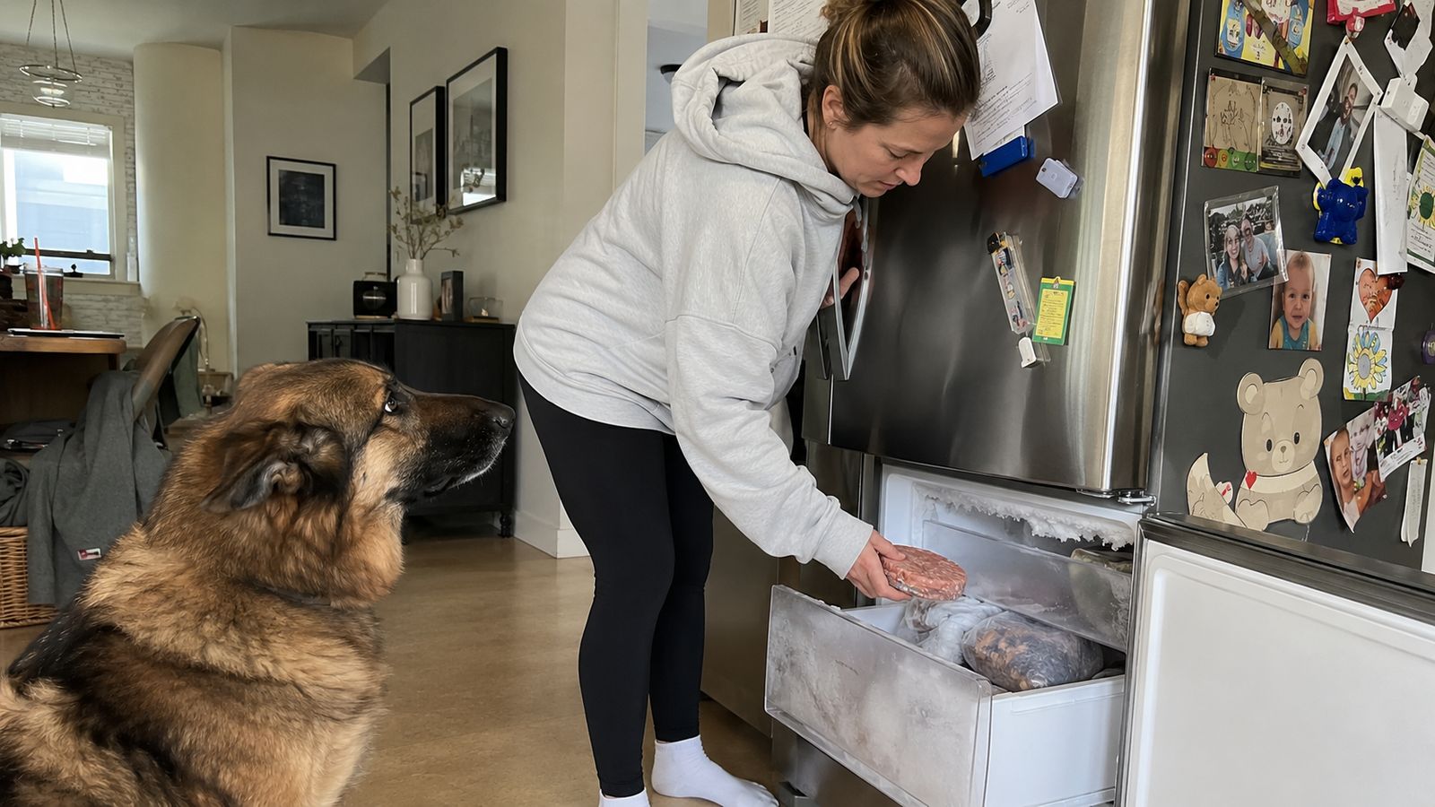 An owner taking a frozen raw food patty from the freezer while her dog waits